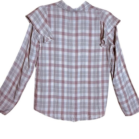 Express Ruffle Plaid Top Sz S Button Down Tie Hem Pink Gray Twee Coquette Girl - Picture 3 of 8